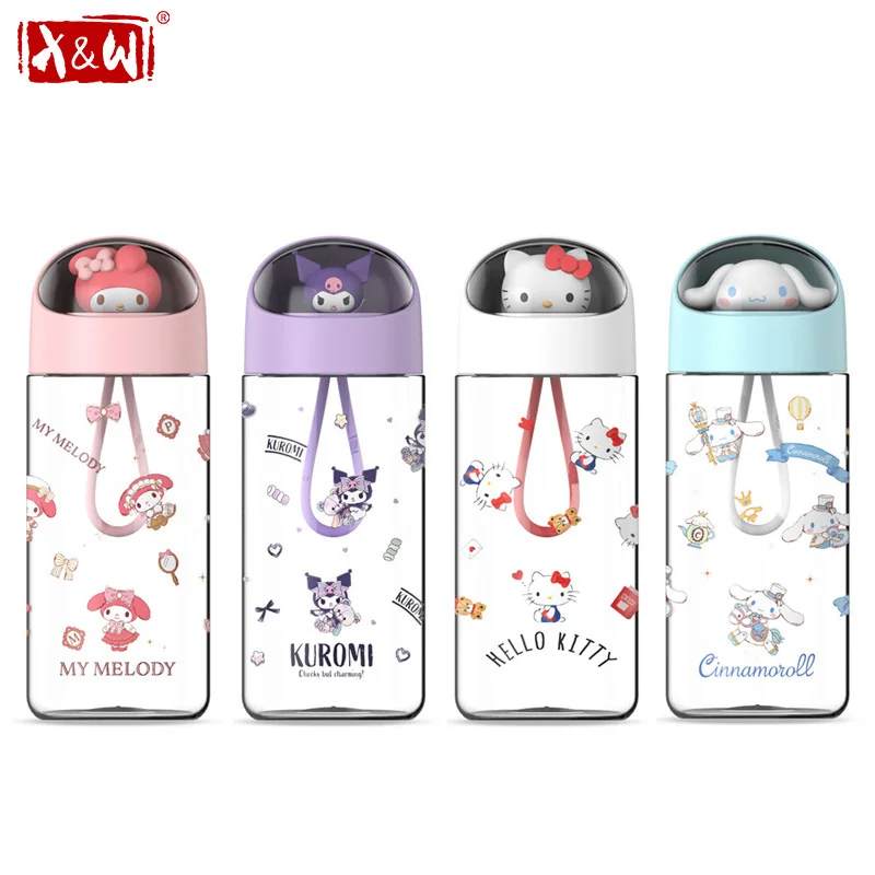 X&W Kawaii Sanrio Transparent Cup Cartoon Hello Kitty Kuromi Dolls Plastic Water Bottle Summer Cold drink cup For Outdoor Office