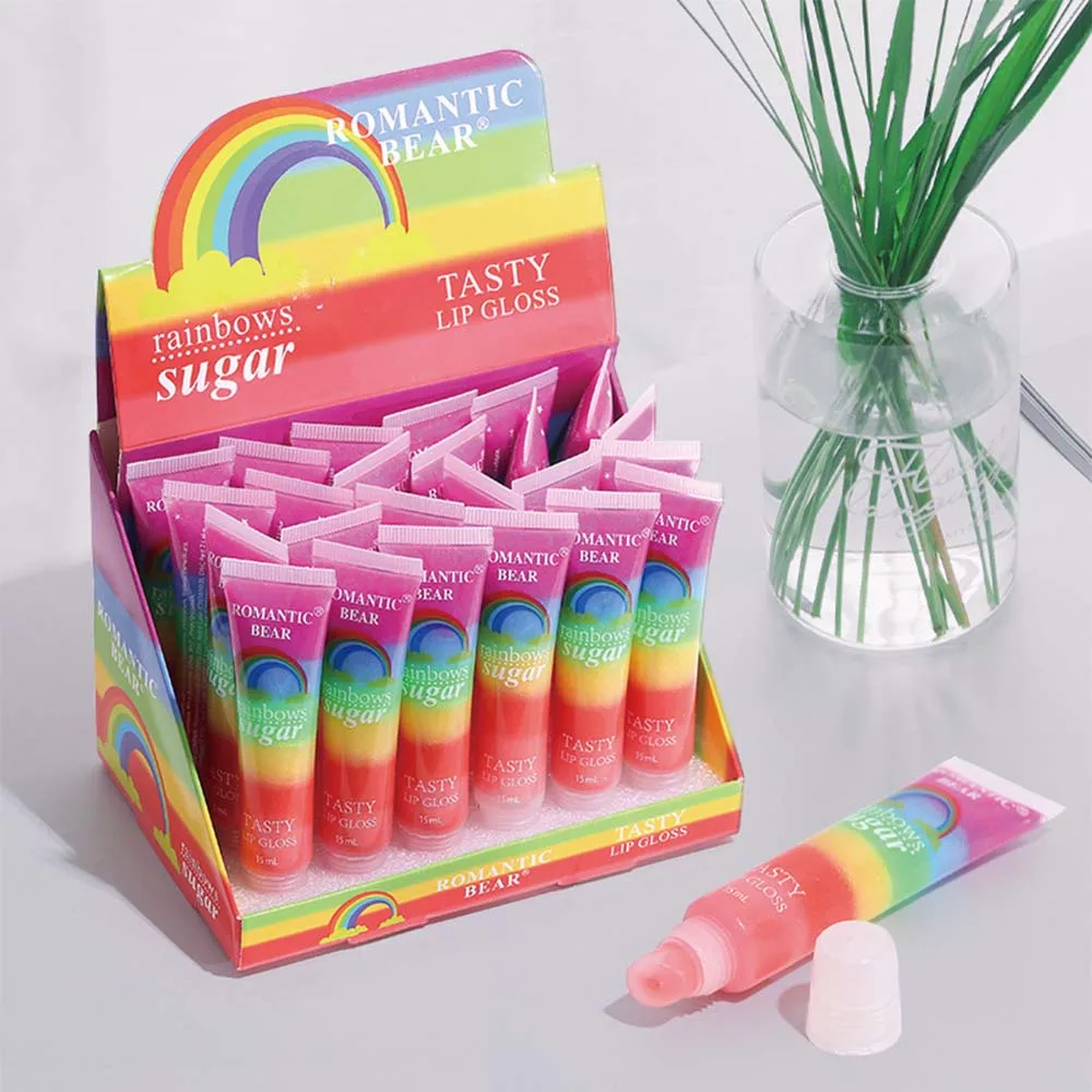 Wholesale 24pcs Lip Gloss Cute Magic Rainbow Sugar Tasty MoisturizingFruit Vitamin Lip Oil Kawaii Girls Students Lips Care Bulk