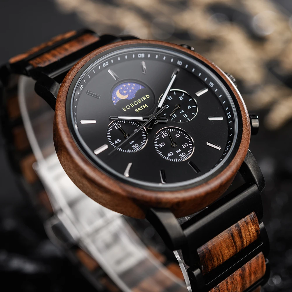 BOBO BIRD New 44mm Men\'s Watch Wooden Luxury Business Chronograph Quartz Watches Moon Phase Men Gift montre homme 2022