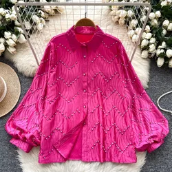 Basics Rhinestone Polo-neck Fashion Single Breasted Casual Lantern Long Sleeves Loose Top French High Street Spring Women Blouse