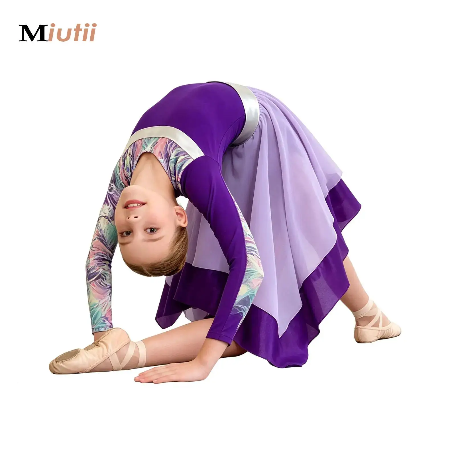Kids Girls Liturgical Praise Lyrical Dance Dress Long Sleeve Zipper Print Irregular Hem Worship Robe Gown Contemporary Dancewear