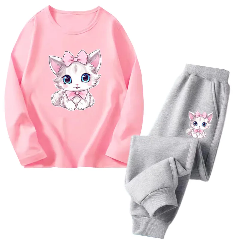 3-14Years Toddler Girl Clothes Set Long Sleeve Cute Cat Top+Pants Fashion Spring & Autumn Little Girl Clothing Outfit