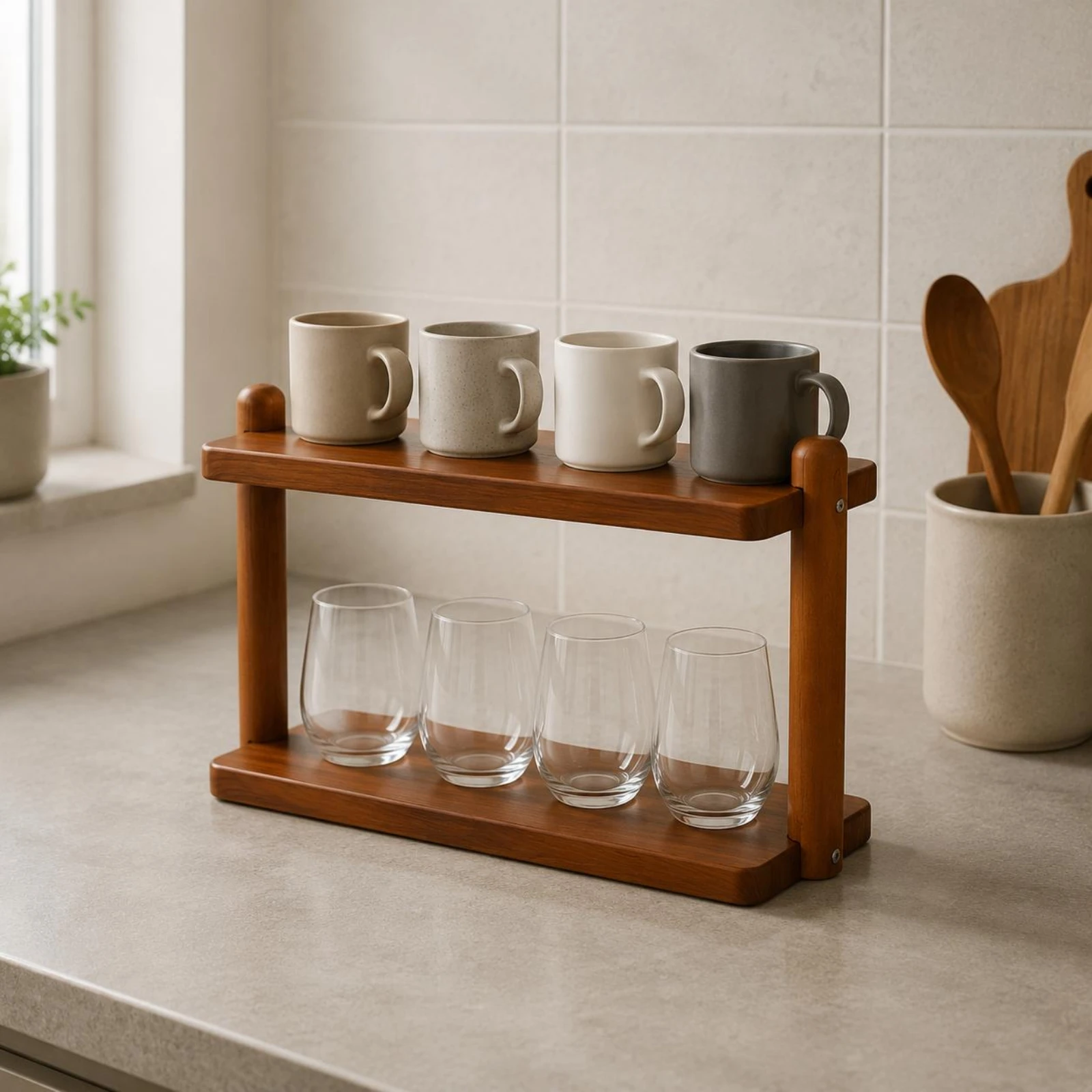 Coffee Station Organizer Sturdy 2-Tier Display Rack Wooden Cup Shelf Easy to Clean Household Storage Multi-Purpose for Sideboard