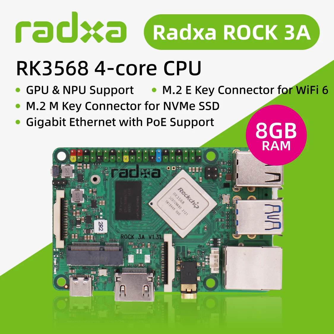 

Radxa ROCK 3A 8GB RK3568 4-core CPU SBC, GPU, NPU, and HDMI with 4K Output,Single Board Computer