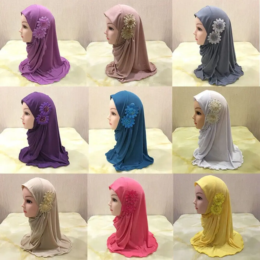 

With two flowers Hijab Islamic Headscarf Solid Color bonnet Girl's Hijab Worship Hat Ice Silk Children One Piece Flower Scarf