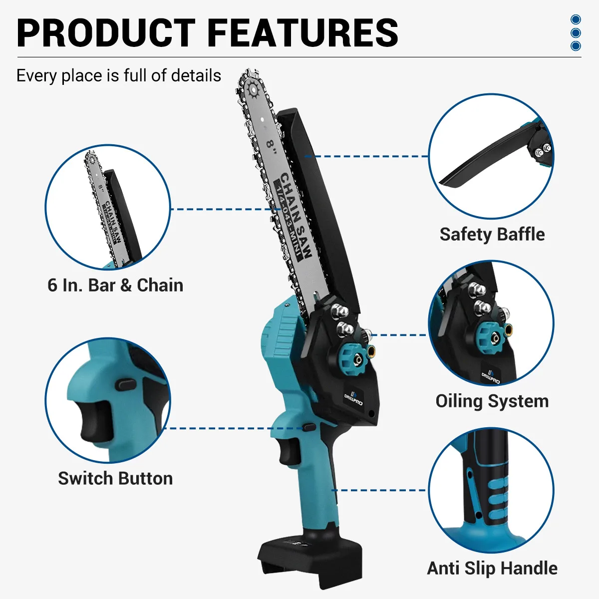 Drillpro เครื่องเลื่อยไฟฟ้าไร้แปรงถ่านไร้สาย, 8นิ้ว20000รอบต่อนาทีพร้อมน้ำมันสามารถตัดเลื่อยไฟฟ้าสำหรับแบตเตอรี่ Makita