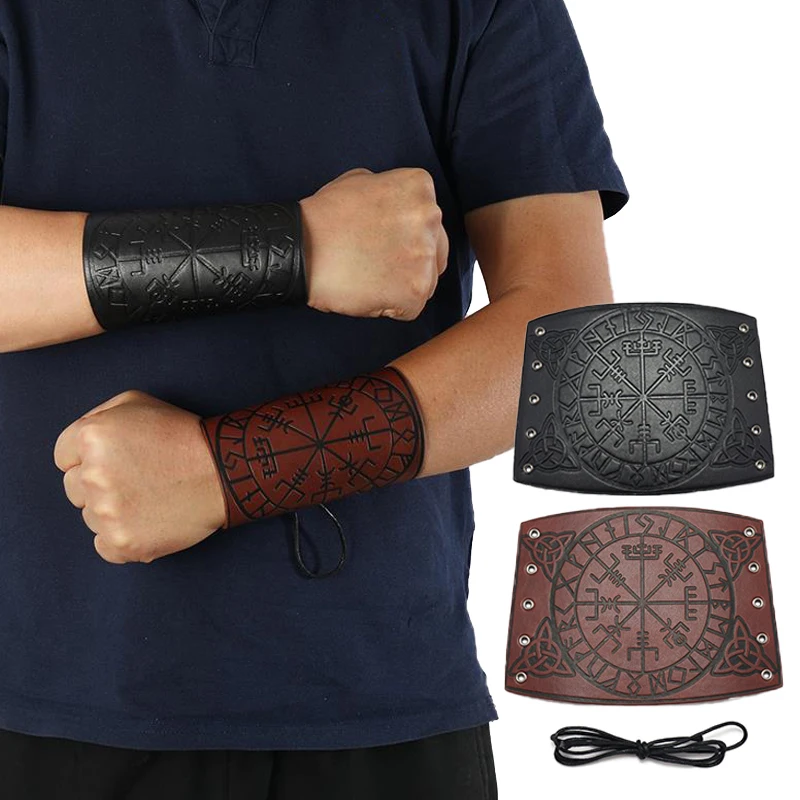 Fashion Punk Men Women Cosplay Wide Leather Bracelet Arm Armor Cuff Wrist Guard Viking Pattern Wide Bracelet Wristband Jewelry