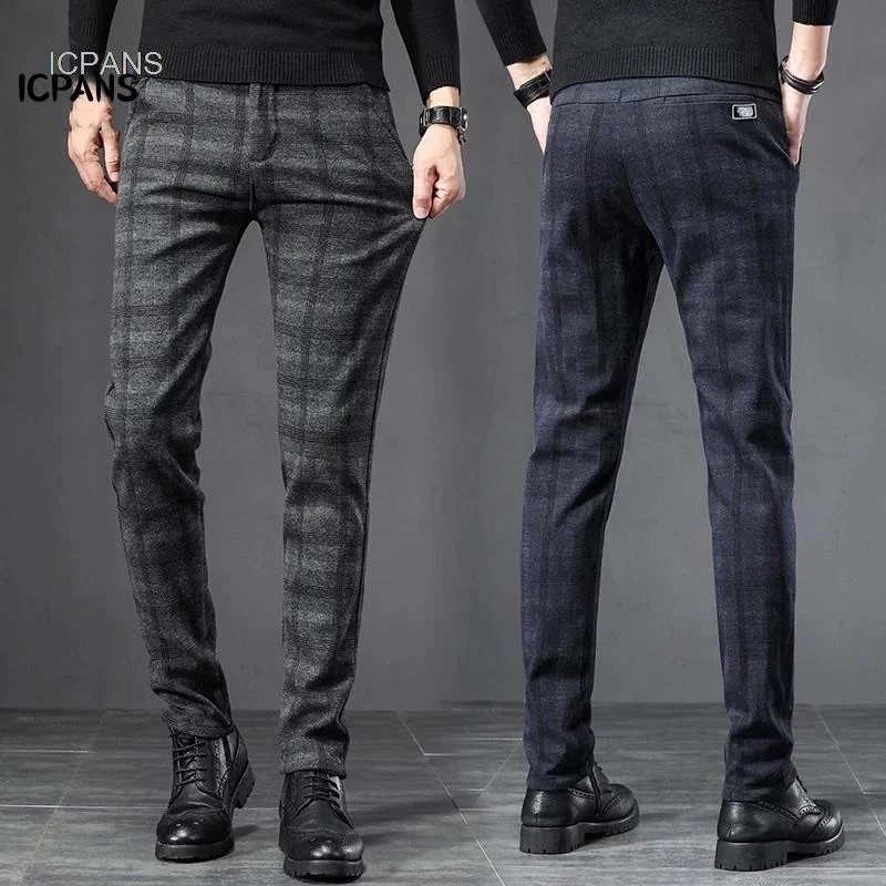 England Plaid Work Stretch Mesn Suit Pants Business Korea Clothes Fashion Slim Grey Blue Casual Pant For Male Trousers Spring