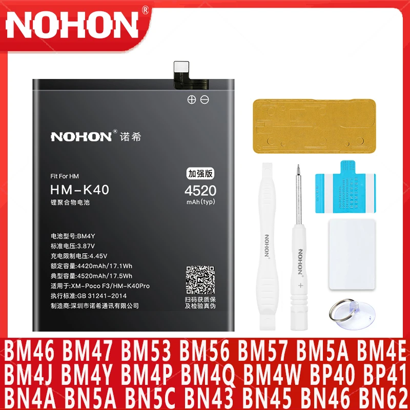 NOHON-Baterias de substituição para Xiaomi Mi, POCO F2, F3 Pro, X3, NFC, F1, M3, M4, POCOFONE, Redmi K40, K30, K20 Pro, BM4Y, BN57, BN61