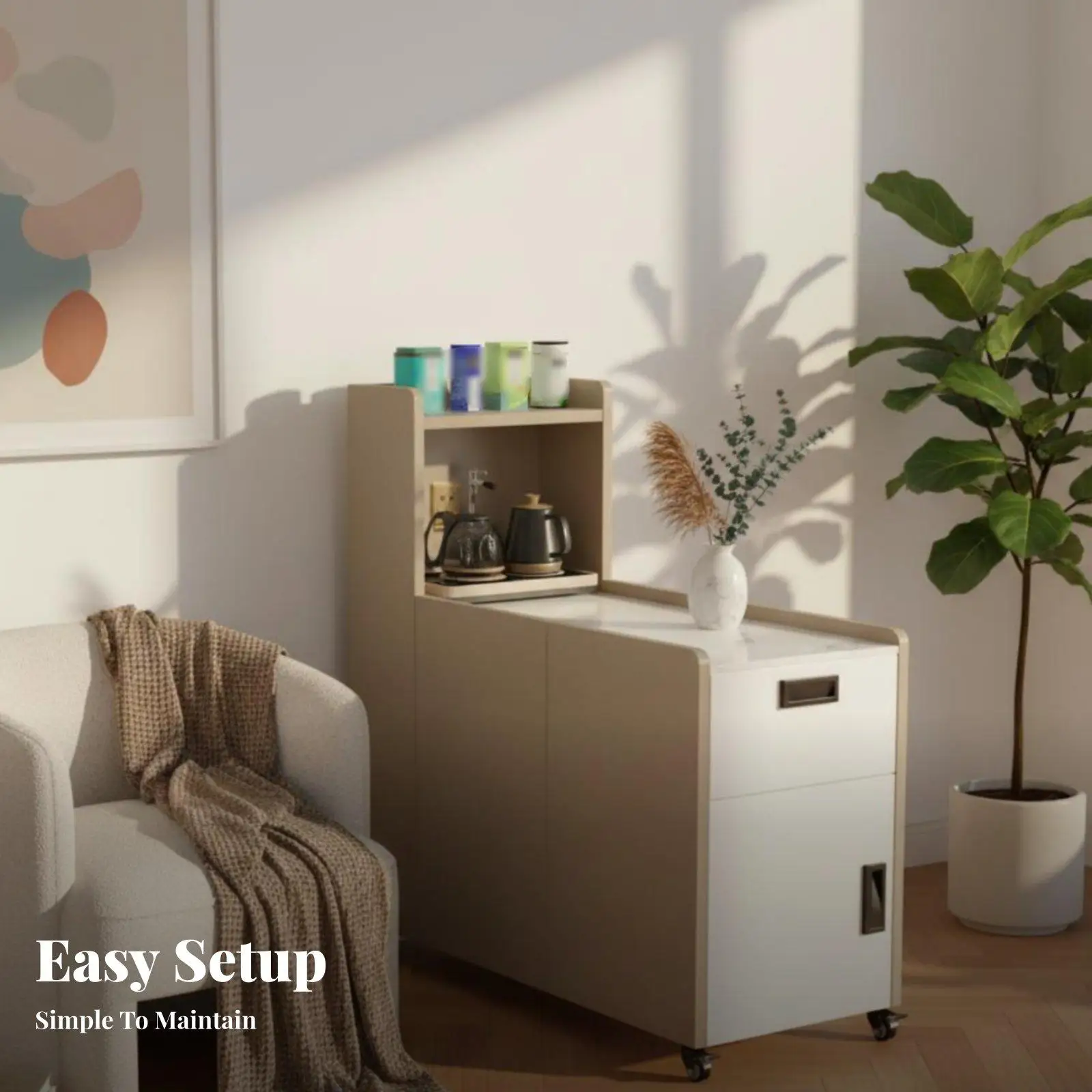 Mobile Sofa Side Cabinet with Sintered Stone Top Rolling Accent Table for Living Room Storage Unit with Locking Casters