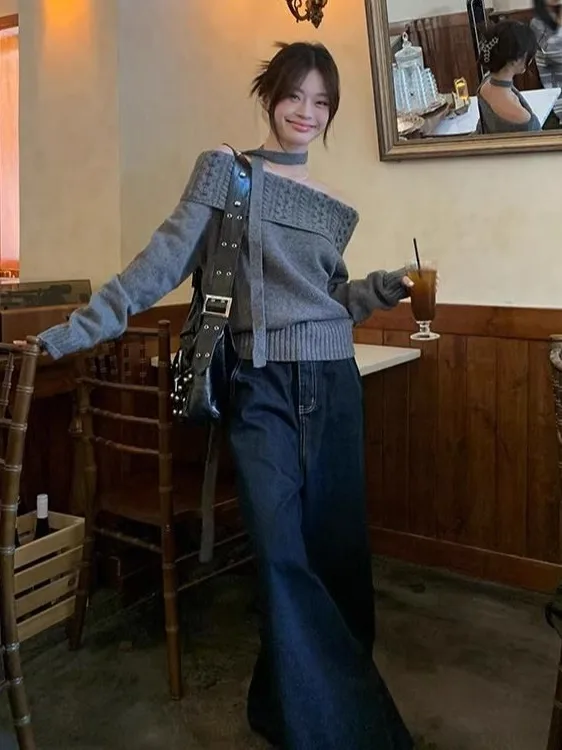 เสื้อสเวตเตอร์ไหมพรมแบบหลวมไหล่เดียวสำหรับผู้หญิง แขนยาว สไตล์ลำลอง แฟชั่นใหม่ล่าสุดสำหรับฤดูใบไม้ร่วง