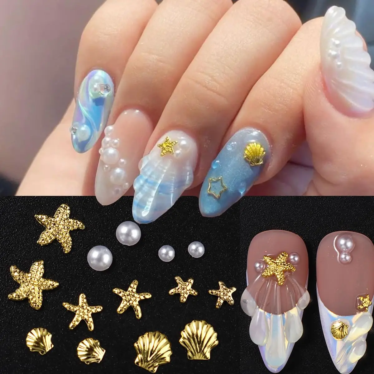 200pcs Ocean-Themed Nail Charms & Gemstones Starfish Seashell Rhinestones with Pearl Designs Nail Art Beach Vacation Nail Access