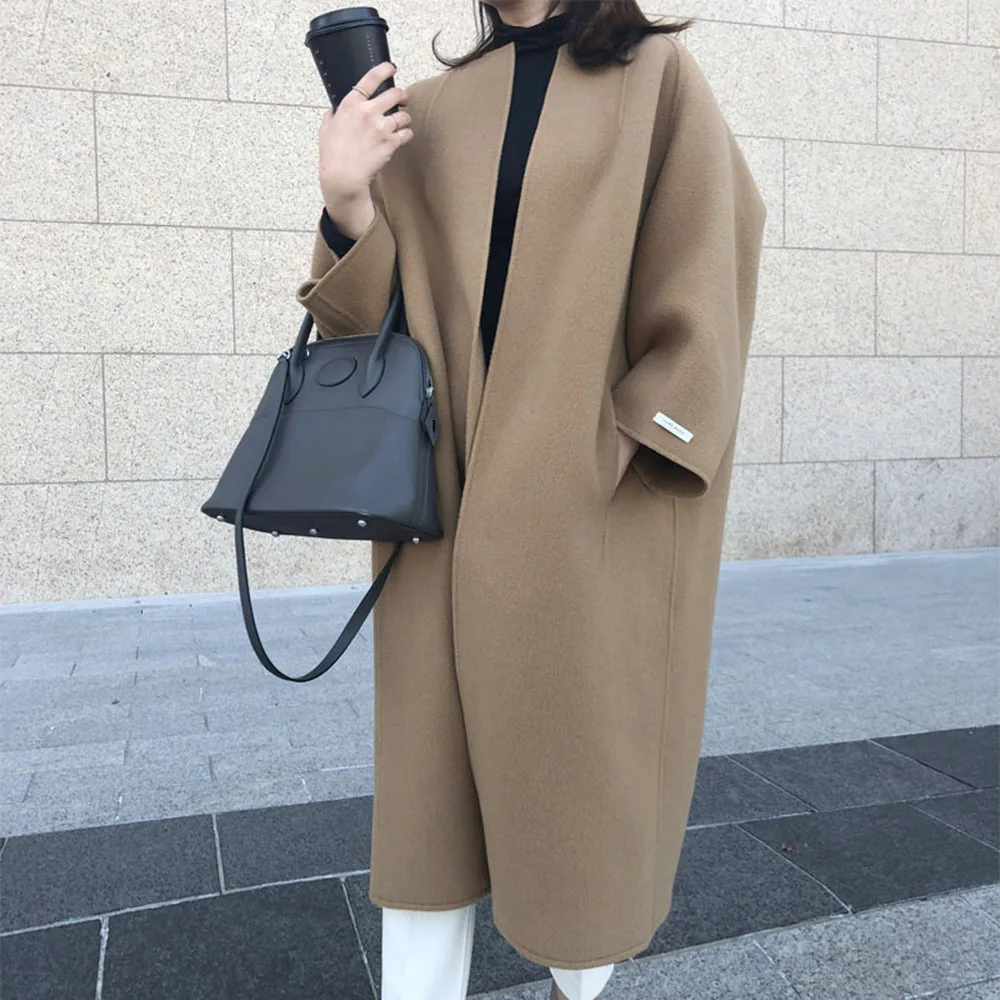 Elegant Solid Coat Woolen Outerwear Warm Lady Casual Open Stitch Pure 2023 Autumn Winter Long Woolen Coat Coldproof