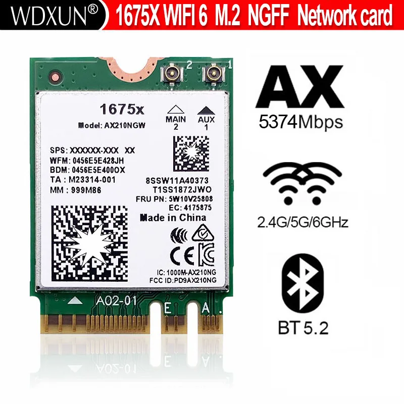 

AX210 AX210NGW 1675x AX1675x Wi-Fi 6E 802.11AX Dual Band 2.4G 5G 6G 5374mbps Bluetooth 5.2 M.2 NGFF wifi card
