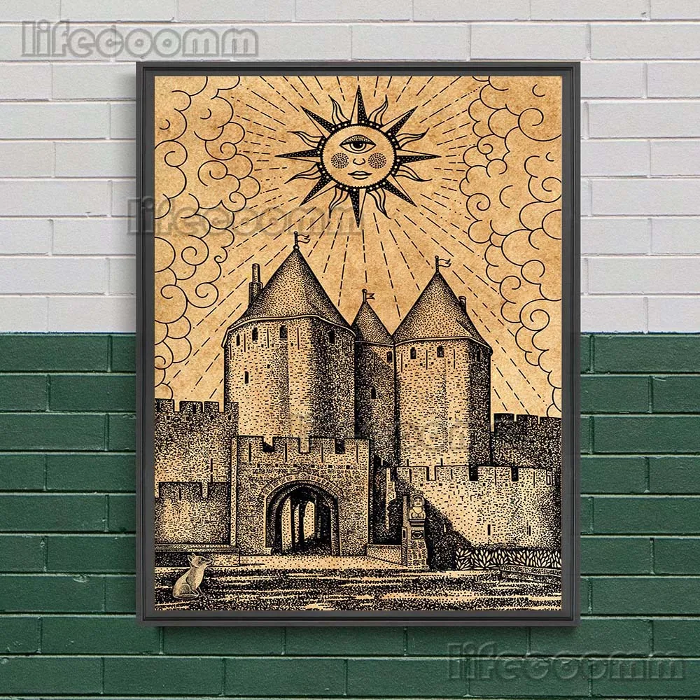 Bat And Castle Vintage Tarot Art Orint Bewitching Witch And Cat Queen Retro Poster And Prints Home Decor Wicca Wall Art Unframed