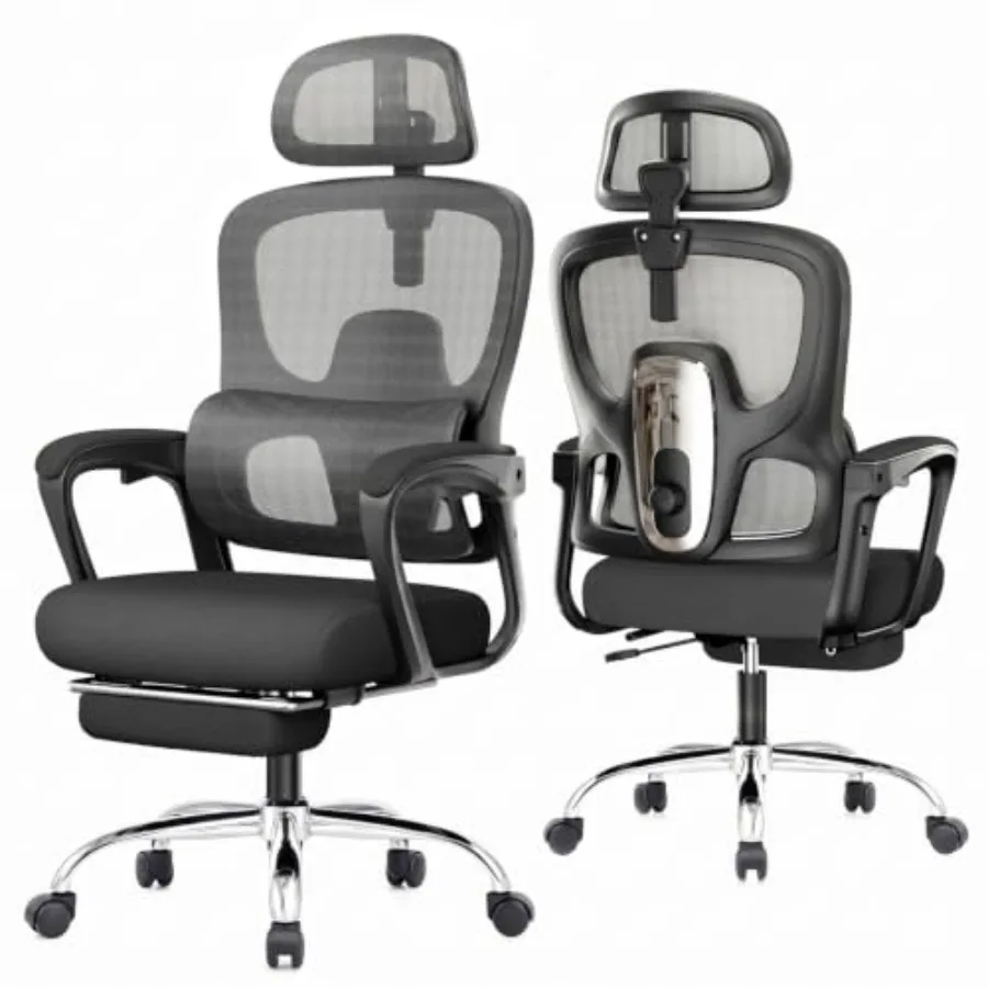 Ergonomic Office Chair with Footrest for Home/Office Use, Black Mesh Back and Seat, 90-145 Reclining with Lumbar Support
