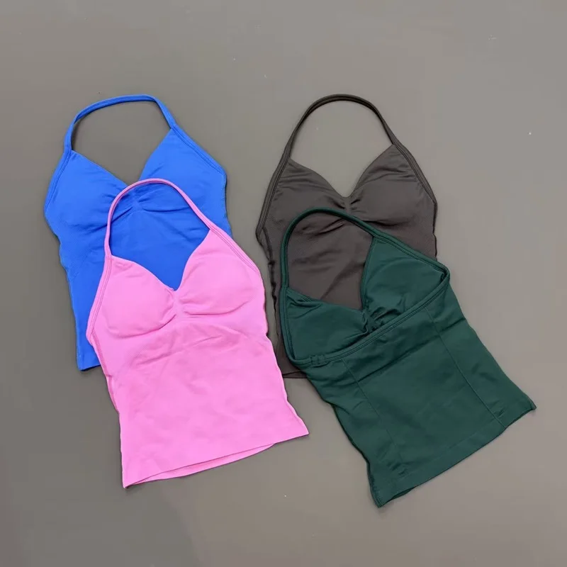 Women Gym Workout Tank Top Halter Neck With Built-in Shelf Bra V Neck Seamless Slim Fit Longline Yoga Top For Running Fitness image 2