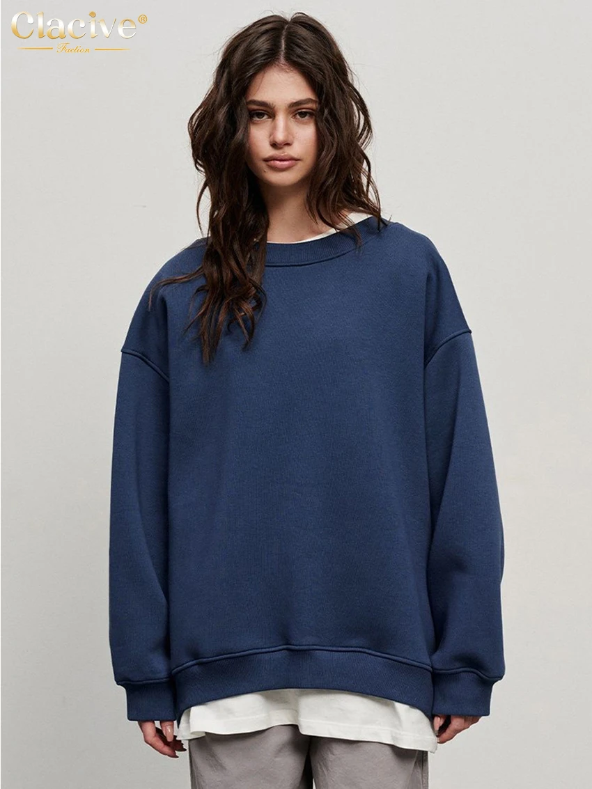 Clacive Fashion Loose Pink Cotton Hoodies Woman 2025 Winter O-Neck Long Sleeve Hoodie Elegant Oversize Solid Top Female Clothing