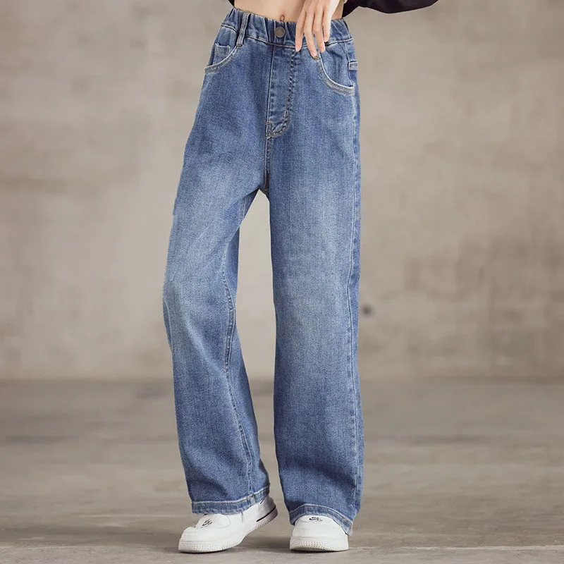 Spring Kid\'s Jeans 3-9Y Cute Girls Solid Color Loose Wide Leg Pants Childrens Outwear Denim Trousers