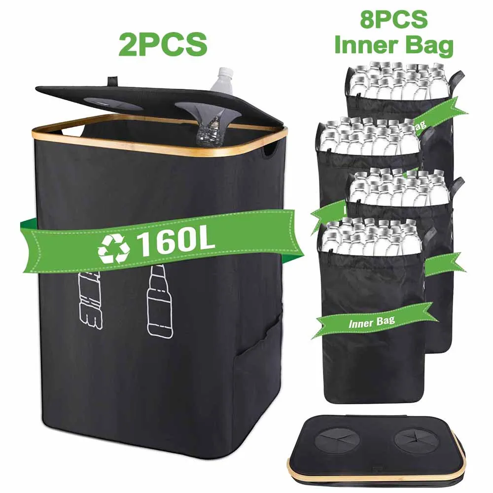 160L/105L Großer Leergut-Aufbewahrungskorb mit Innentaschen, Abwasserflaschen-Sammelbeutel, Faltbarer Recycling-Behälter, Recyclebarer Flaschen-Organizer, Mülleimer