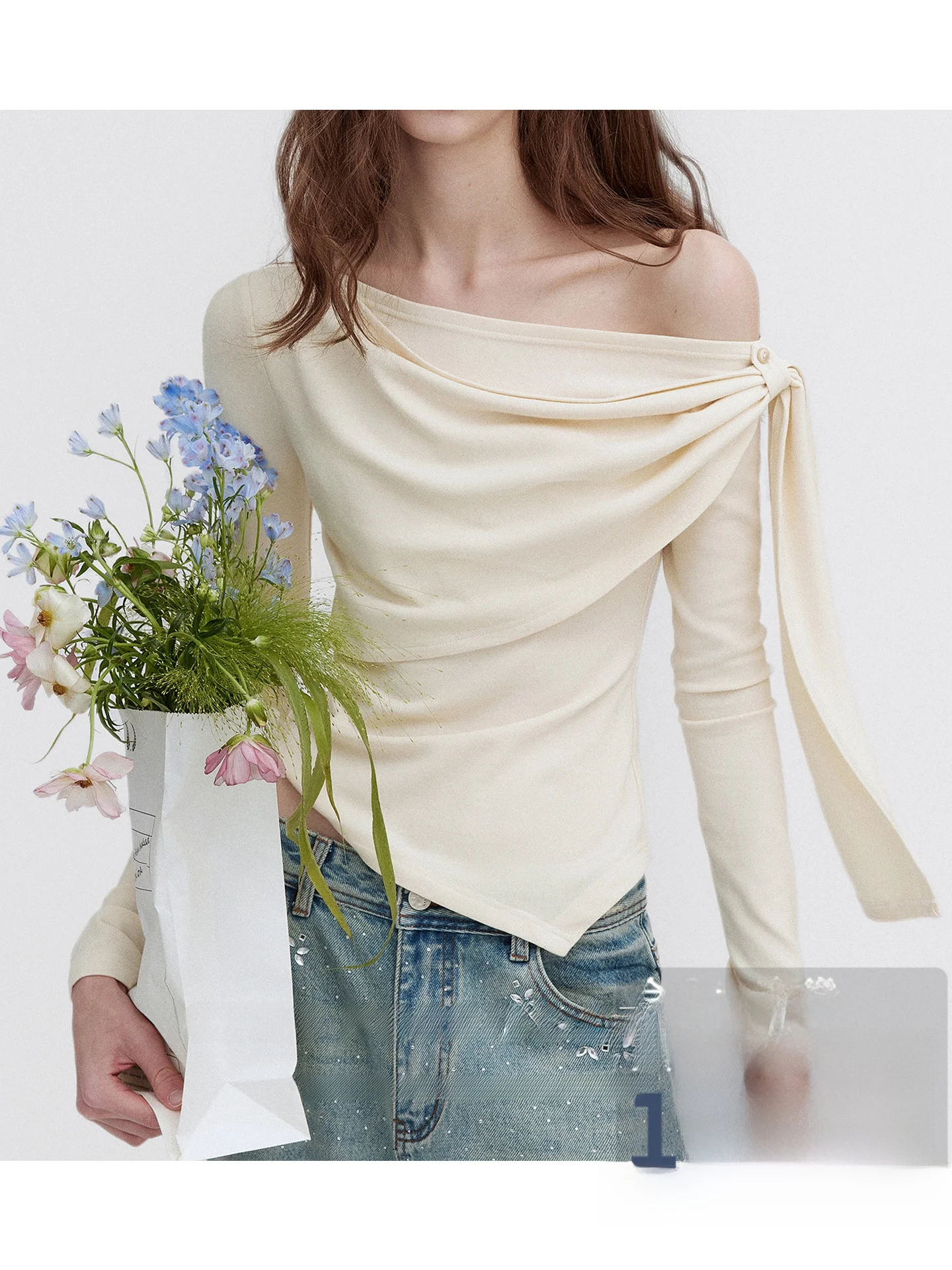 

Retro Knitted Base irt Women's Slim Fit Long Sve One oulder Waist Cinching Day at Sea Sle Leisure Cotton Blend Top