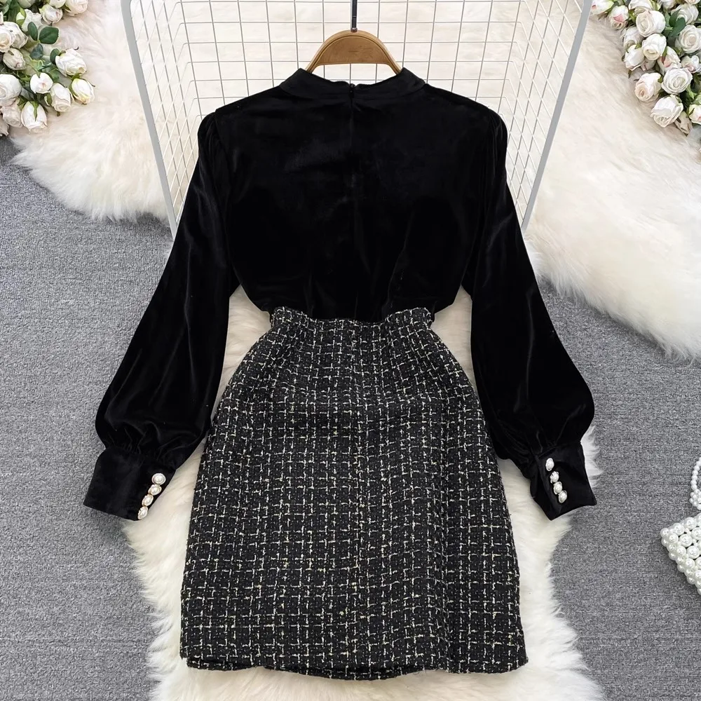 Vintage Black Velvet Dress Women Spring Autumn Long Sleeve Patchwork Tweed Mini Dress Party Dress Vestidos