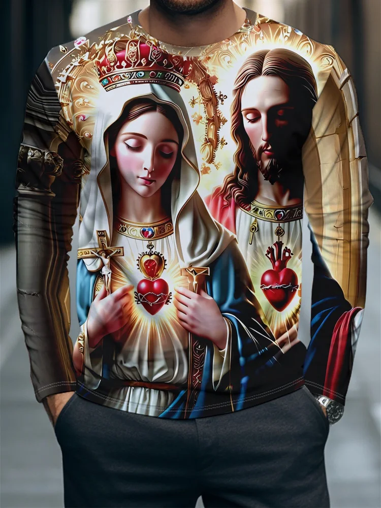 Men's Our Lady of Fatima Long Sleeve T-Shirt Catholic Virgin Mary Rosary Three Shepherds Graphic Tee Pullover Tops Gift New