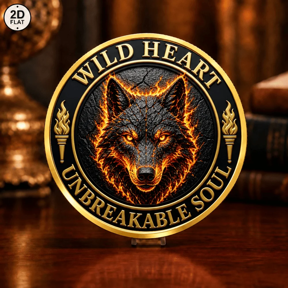 1pc Flame Wolf and Roaring Lion Commemorative Coin Wild Heart Unbreakable Soul UV Print Collectible Medal Gift for Wildlife Fans
