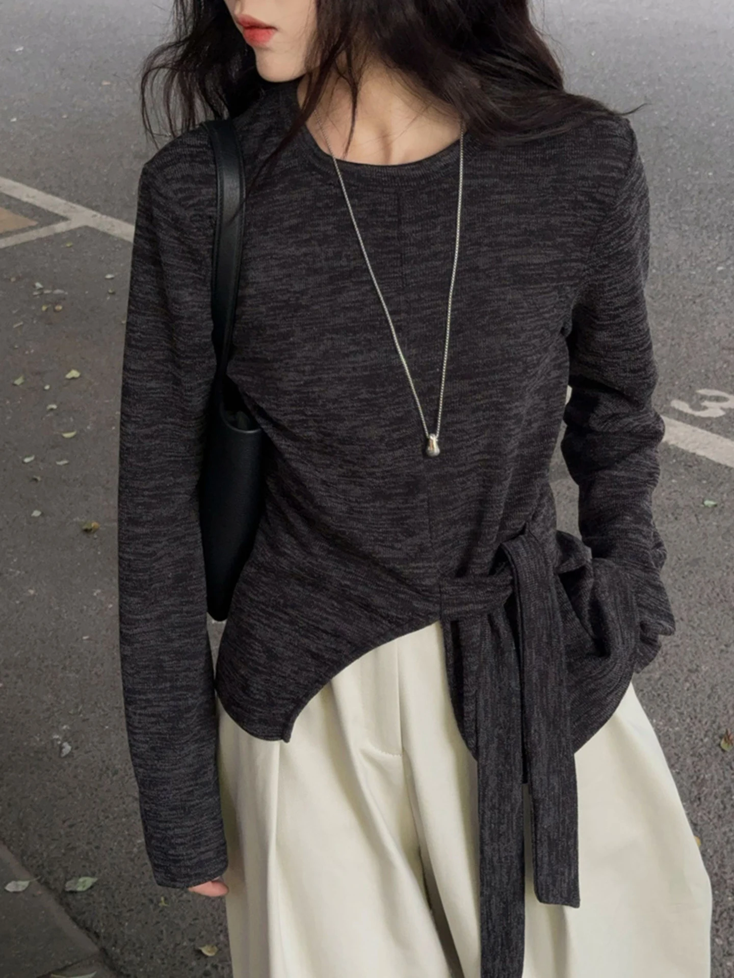 Korean Sle Knitted Long Sve Wrap Top Women's Base Layer irt round Ne Pure Color Design Sensation Autumn Faion