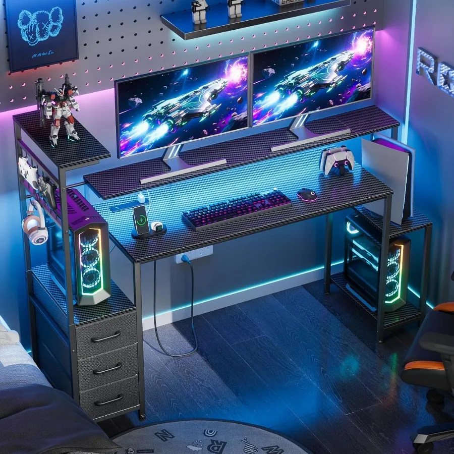 مكتب ألعاب مقاس 55 بوصة مزود بمصابيح LED ومنافذ طاقة مدمجة لإعداد الترفيه المحسن الذي يتميز بأدراج قماشية و #6