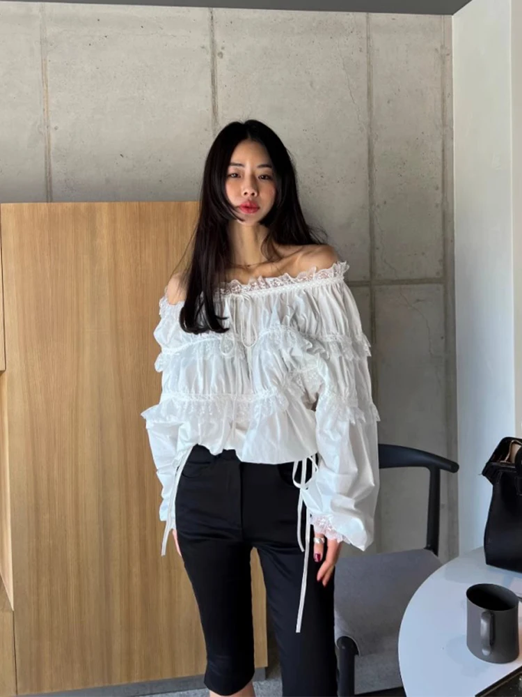 

White Slash Neck Off Shoulder Lace Shirts Blusas Mujer Elegant Top Chemise Femme Spring New 2025 Blouse Fashion Korean Chic