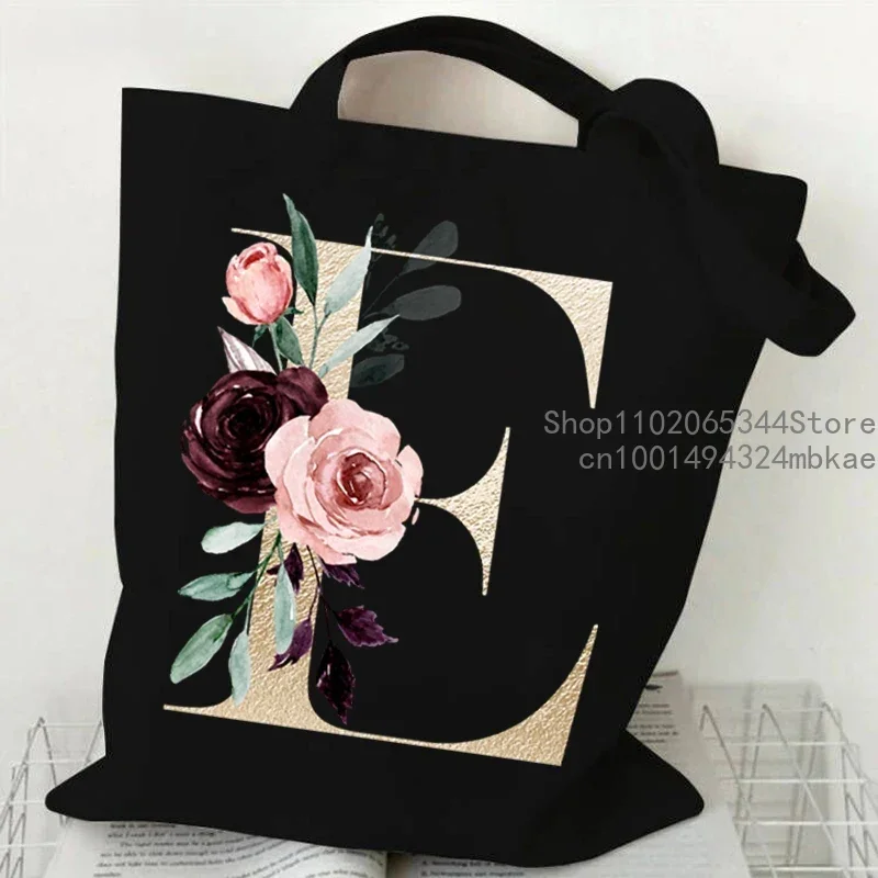 Pink Flower Alphabet Pattern Canvas Shoulder Bag Women A-Z 26 Alphabet Floral Graphic Tote Bags 26 Initials Women Shopping Purse