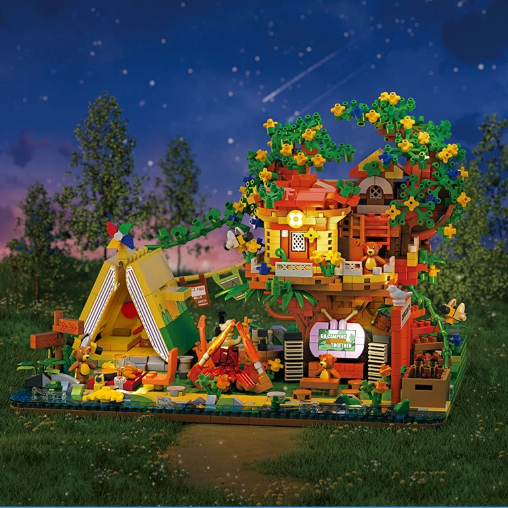 MOC Camping Treehouse With A-type Tent Building Blocks Set Villa Tree Flower House Outdoor Toys Children Birthday Holiday Gifts