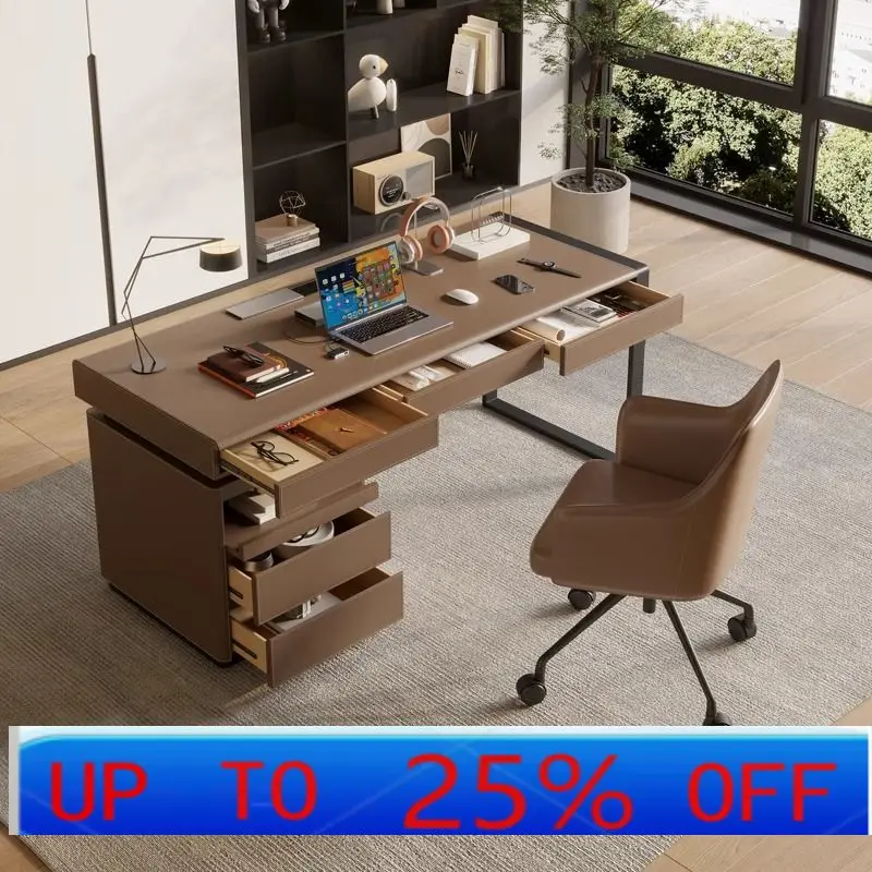 

Lmm saddle leather office study desk writing desk light luxury household computer desk solid wood cabinet