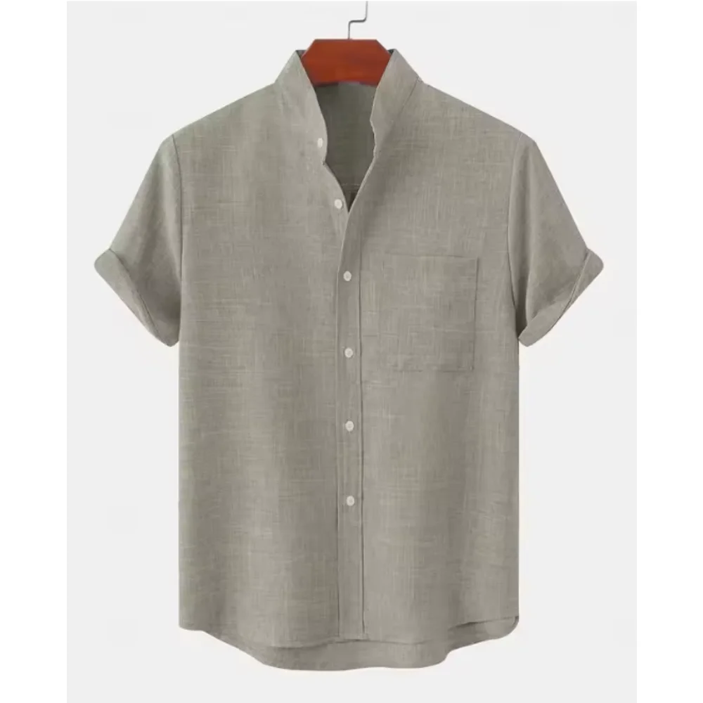 

Men's linen shirt stand up collar shirt casual shirt solid color vacation style comfortable and simple