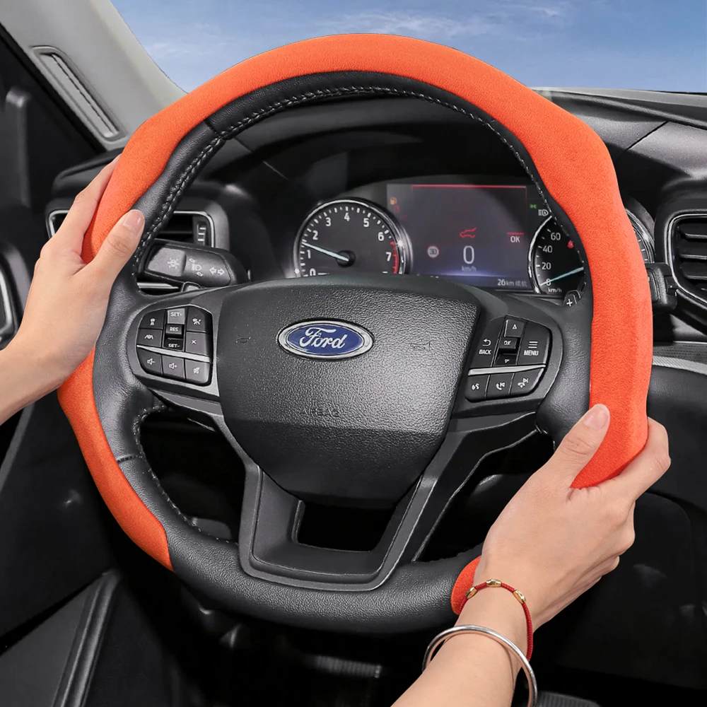 Suitable for Ford Premium Suede Snap-On Steering Wheel Cover, Non-Slip and Durable, Round and D-Shaped Steering Wheel Available Focus Mk2 Mk3 Fiesta Mk7 Transit Custom Mondeo Mk4 Ranger Kuga Mk8 Puma Fusion Mk5 Mustang 2 3 4