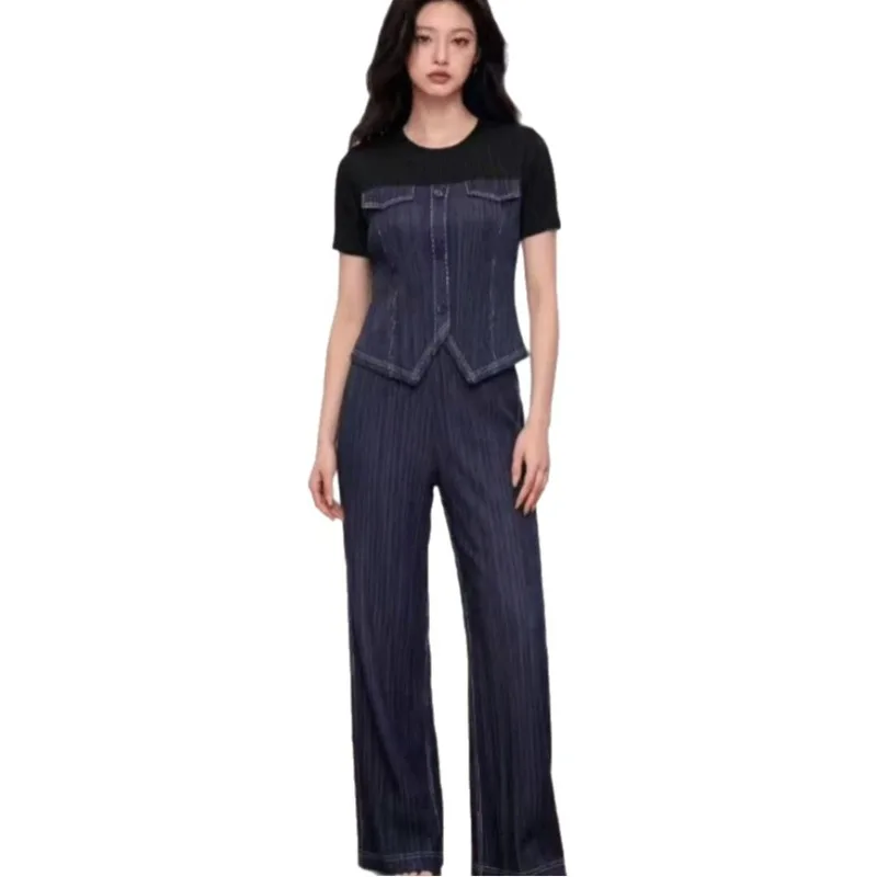 Miyake Pleated 2026 New Faux Denim Pleated Set for Women Summer Short Sleeve Top and High Waist Wide Leg Pants Two-Piece Set