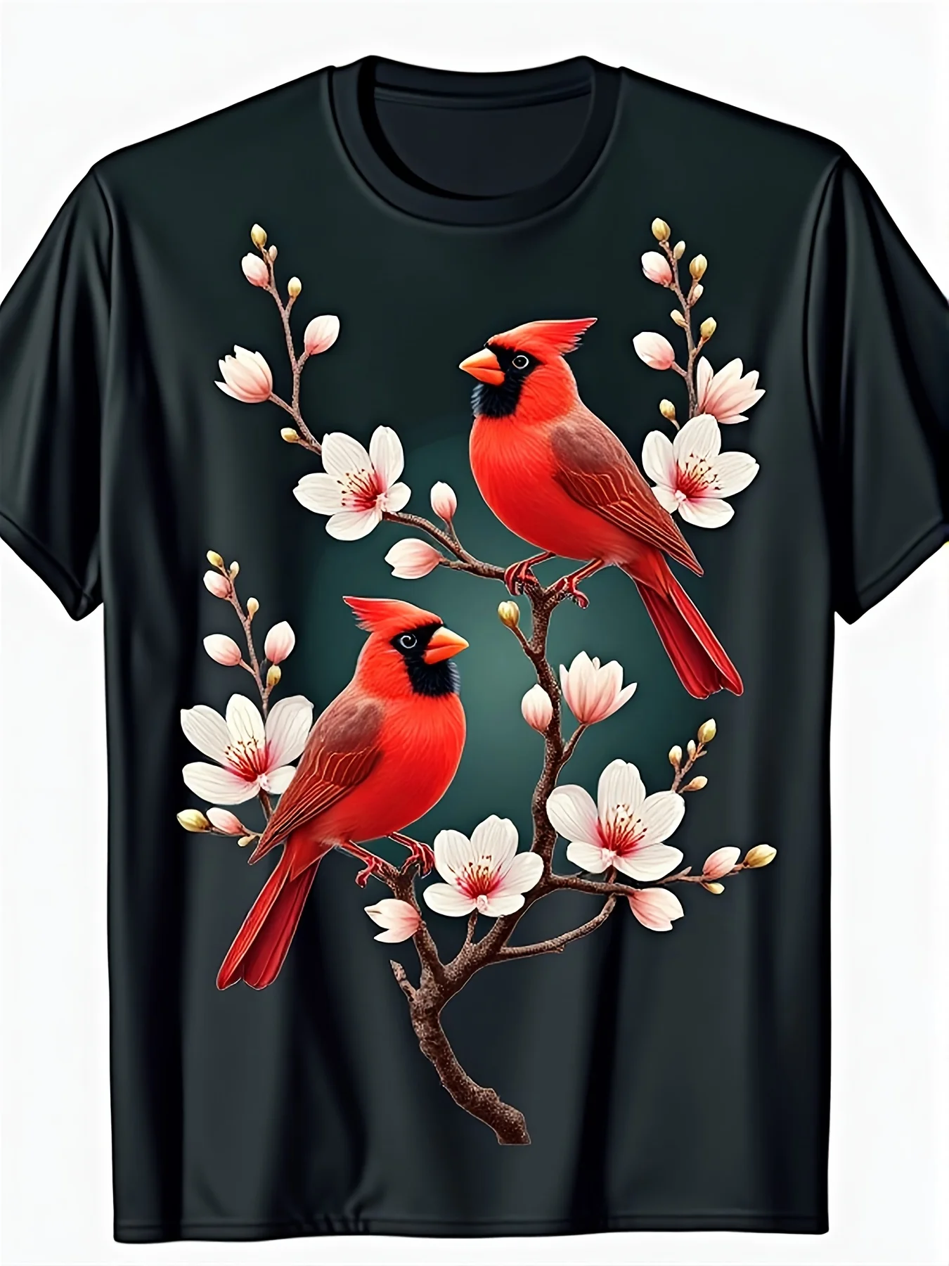 Christmas Shirt for Men and Women - Comfortable Sleepwear & Casual Holiday Loungewear - Featuring Red Cardinal Birds in A Setting with Floral Branches - Available in Black Tee Sizes S-XXXL - Perfect for Christmas, Regular Fit Casual Tee