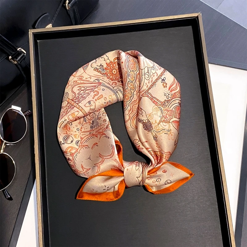 100% Reiner Seidenschal für Damen, Vintage Astrologie-Kunstdruck, Orange-Beige Bandana, Halstuch, Stirnband, Taschendekoration für Strand und Reisen, Geschenk