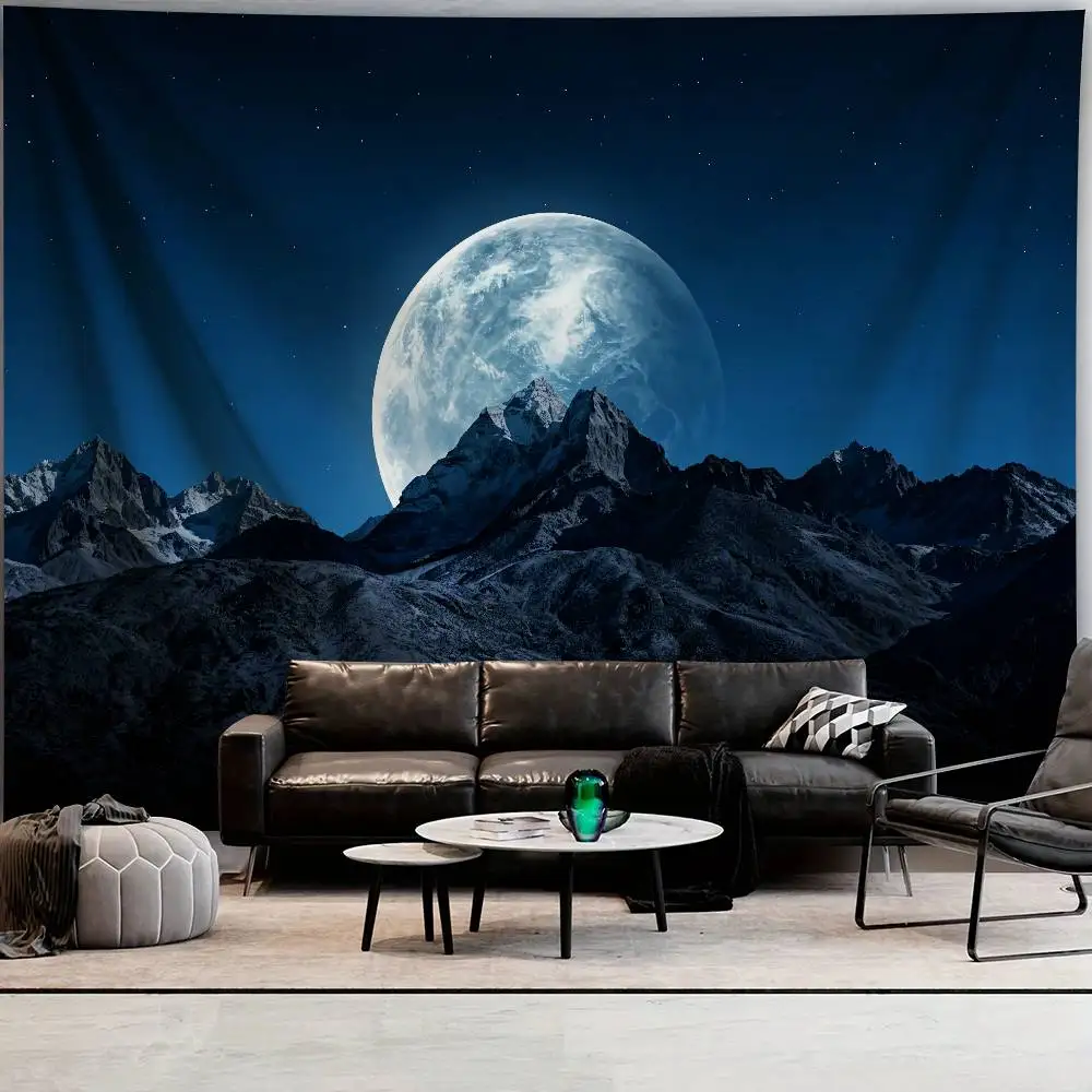 Blue Giant Moon Over Snow Mountain Range Tapestry, Night Starry Sky Dark Rocky Mountain Landscape Mystical Midnight Nature Decor