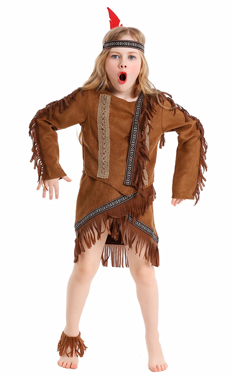 Children Cosplay Costume Cute Funny Fringe Dress Sets Halloween Aborigine Long Sleeve Stage Performance Holiday Party Clothes