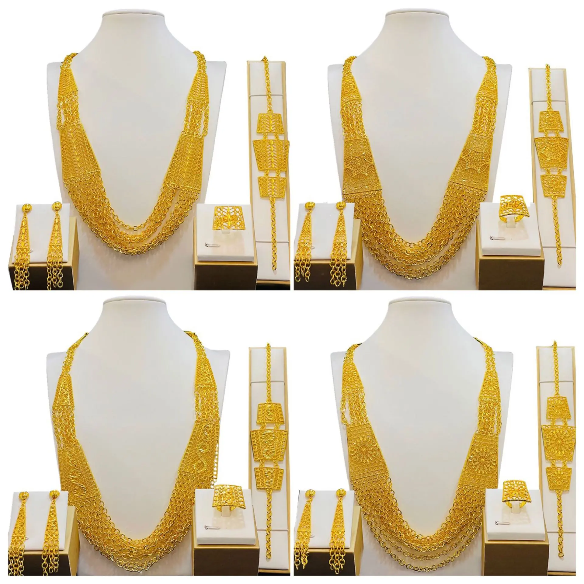 

African Dubai Gold Color Jewelry Set For Women Wedding Tassel Necklace Bracelets Earrings Indian Bridal Jewelry WAS10316