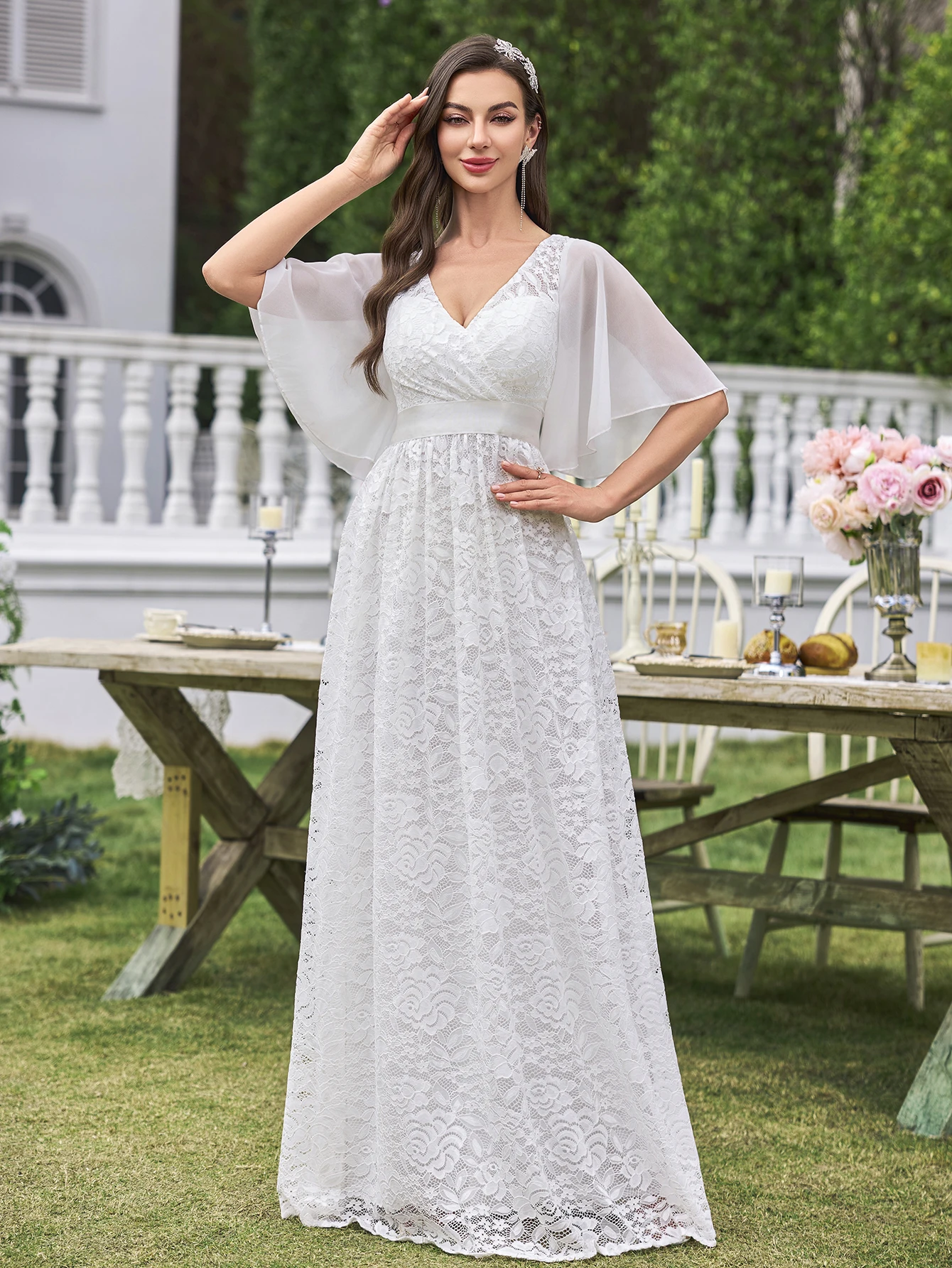 

UNITHORSE Белое кружевное свадебное платье с v-образным вырезом и v-образным вырезом, юбка подружки невесты, элегантное чисто белое свадебное платье