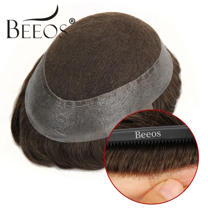 Beeos Australia Style Men Toupee Real Human Hair Replacement Systems Unit Swiss Lace Toupee Perimeter Skin Natura Hairline Male