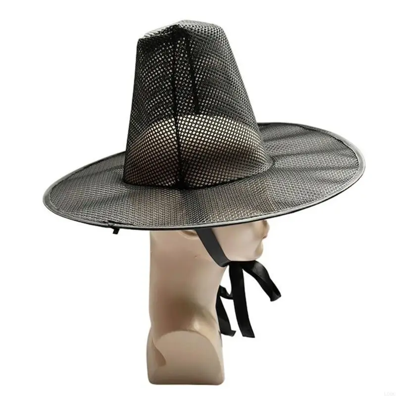 Stage Show Costume Hat for Men, Traditional Mesh Gauze Hat with Round Shaped Top, and Tie Straps Y166