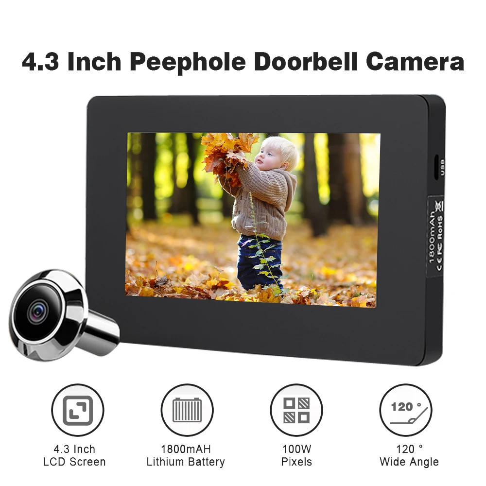 

120 ° Широкоугольный глазок 4,3-дюймовый видеодверной звонок, монитор камеры, 100 Вт пикселей, ЖК-дисплей, дверной глаз «кошачий глаз», защита безопасности