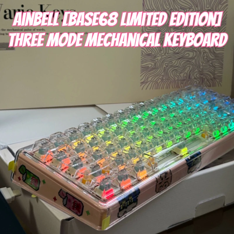 Ainbell Base68 Custom Mechanical Keyboard 68 Keys Tri-Mode Hot Swappable RGB Transparent Gaming Keyboard for Office Girl Gift