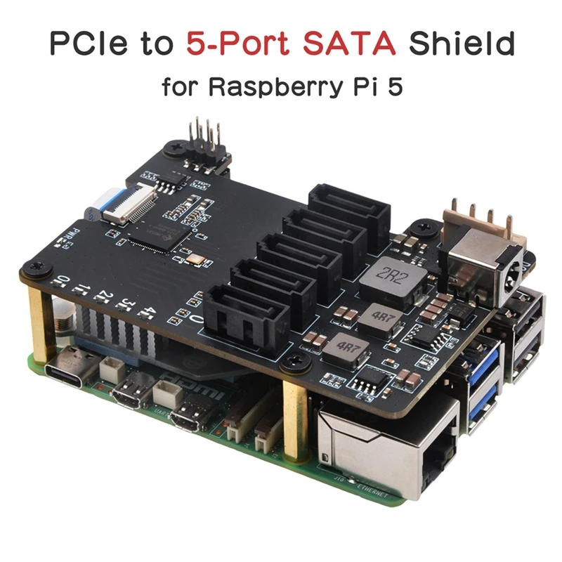 X1009 PCIe ถึง 5 พอร์ต SATA SHIELD สําหรับ Raspberry Pi 5 PCIe ถึง 5 SATA 3.0 ไม่สนับสนุน BOOT จาก HDD/SSD US PLUG