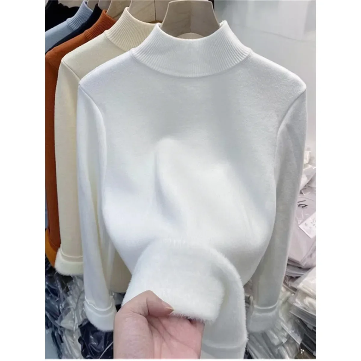 

Autumn Winter Slim Simple Knitted Sweater Women's Thickened Integrated Fleece Knitwear Half High Collar Layering Base Shirt
