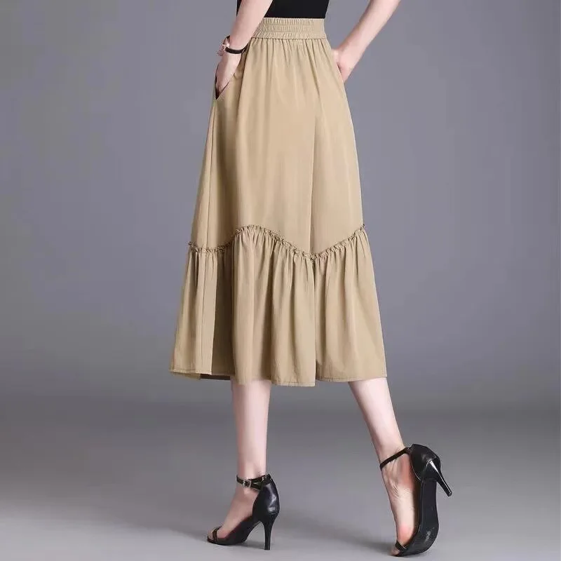 New Women Summer Chiffon Midi Skirt Ruffles Vintage Big Large Plus Sizes Casual Elegant Party Fashion Loose Skirts